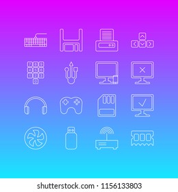 Vector illustration of 16 laptop icons line style. Editable set of game controller, input buttons, printout and other icon elements.