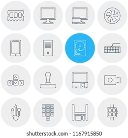 Vector illustration of 16 laptop icons line style. Editable set of devices, input buttons, numpad and other icon elements.