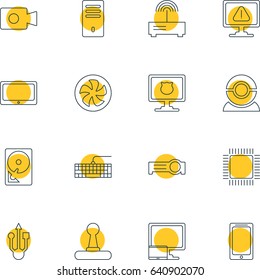 Vector Illustration Of 16 Laptop Icons. Editable Pack Of Presentation, Smartphone, Movie Cam And Other Elements.
