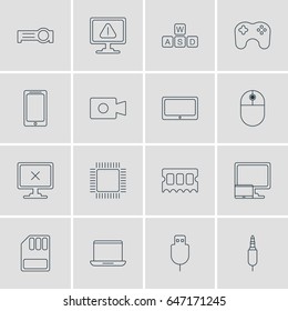 Vector Illustration Of 16 Laptop Icons. Editable Pack Of Access Denied, Memory Chip, Cursor Manipulator And Other Elements.