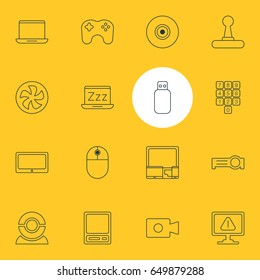 Vector Illustration Of 16 Laptop Icons. Editable Pack Of Flash Drive, Movie Cam, Web Camera And Other Elements.