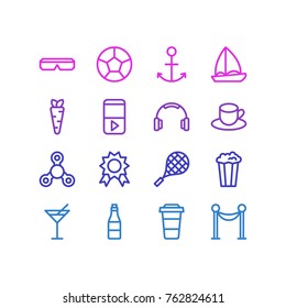Vector Illustration Of 16 Leisure Outline Icons. Editable Set Of Yacht, Soccer, Premium And Other Elements.