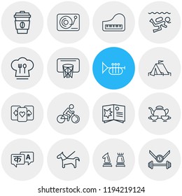 Vector illustration of 16 lifestyle icons line style. Editable set of trumpet, camping tent, playing cards and other icon elements.