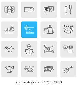 Vector illustration of 16 lifestyle icons line style. Editable set of playing cards, reading, postcrossing and other icon elements.