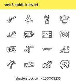Vector illustration of 16 lifestyle icons line style. Editable set of travelling, skateboard, sewing and other icon elements.