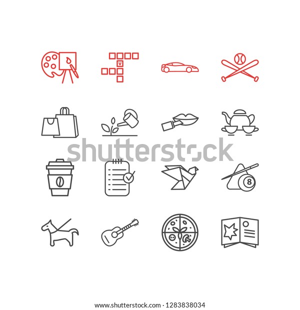 Vector\
illustration of 16 lifestyle icons line style. Editable set of\
planning, baseball, pet and other icon\
elements.