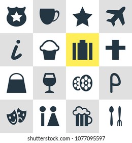 Vector illustration of 16 location icons. Editable set of theatre, pub, cafe and other icon elements.