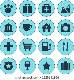 Vector illustration of 16 location icons. Editable set of pharmacy, police, zoo and other icon elements.
