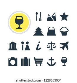 Vector illustration of 16 location icons. Editable set of airplane, academy, star and other icon elements.