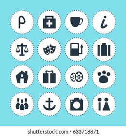 Vector Illustration Of 16 Location Icons. Editable Pack Of Scales, Refueling, Toilet And Other Elements.