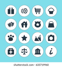 Vector Illustration Of 16 Location Icons. Editable Pack Of University, Pet Shop, Cake And Other Elements.