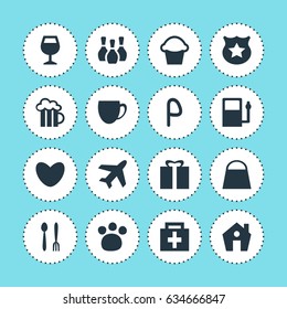 Vector Illustration Of 16 Location Icons. Editable Pack Of Coffee Shop, Pet Shop, Present And Other Elements.