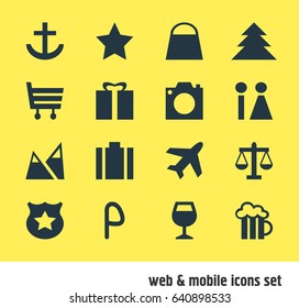 Vector Illustration Of 16 Location Icons. Editable Pack Of Scales, Cop , Handbag Elements.