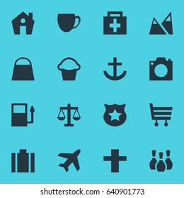 Vector Illustration Of 16 Location Icons. Editable Pack Of Aircraft, Coffee Shop, Shopping Cart And Other Elements.