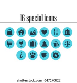 Vector Illustration Of 16 Location Icons. Editable Pack Of Map Information, Cafe, Scales And Other Elements.