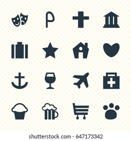 Vector Illustration Of 16 Location Icons. Editable Pack Of Briefcase, Cross, Masks And Other Elements.
