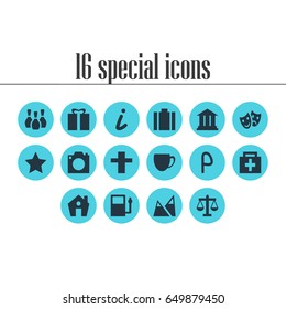 Vector Illustration Of 16 Location Icons. Editable Pack Of Masks, Car Park, Cross And Other Elements.