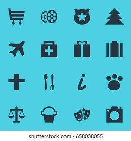 Vector Illustration Of 16 Location Icons. Editable Pack Of Photo Device, Present, Masks And Other Elements.