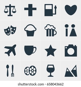 Vector Illustration Of 16 Location Icons. Editable Pack Of Heart, Film, Aircraft And Other Elements.