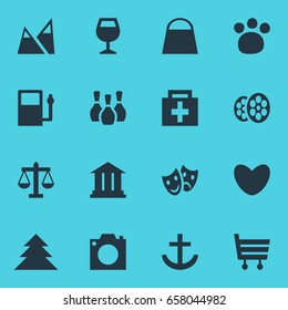Vector Illustration Of 16 Location Icons. Editable Pack Of Drugstore, Handbag, Wineglass Elements.