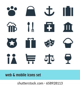 Vector Illustration Of 16 Location Icons. Editable Pack Of Cop, Cake, Shopping Cart And Other Elements.