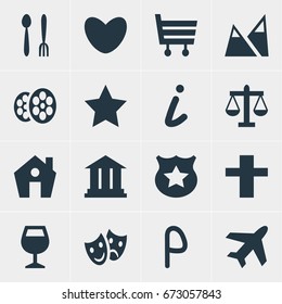 Vector Illustration Of 16 Location Icons. Editable Pack Of Car Park, Heart And Other Elements.