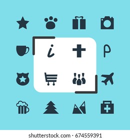 Vector Illustration Of 16 Location Icons. Editable Pack Of Shopping Cart, Jungle, Photo Device And Other Elements.