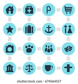 Vector Illustration Of 16 Location Icons. Editable Pack Of Home, Toilet, Briefcase And Other Elements.
