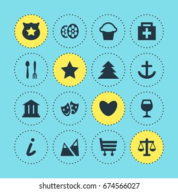 Vector Illustration Of 16 Location Icons. Editable Pack Of Film, Heart, Shopping Cart And Other Elements.