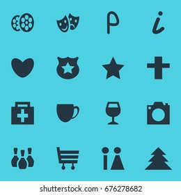 Vector Illustration Of 16 Location Icons. Editable Pack Of Wineglass, Coffee Shop, Shopping Cart And Other Elements.