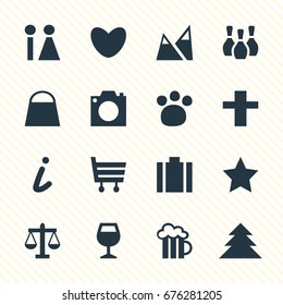 Vector Illustration Of 16 Location Icons. Editable Pack Of Bookmark, photo, tree