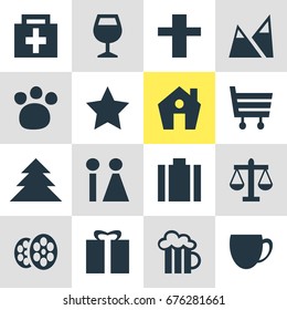 Vector Illustration Of 16 Location Icons. Editable Pack Of Beer Mug, Jungle, Toilet And Other Elements.