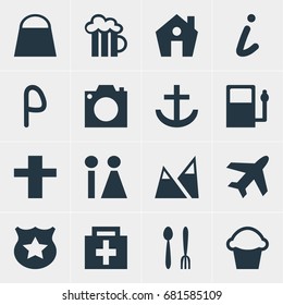 Vector Illustration Of 16 Location Icons. Editable Pack Of Beer Mug, Handbag, Cake Elements.