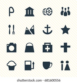 Vector Illustration Of 16 Location Icons. Editable Pack Of Landscape, Cafe , Car Park Elements.