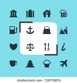 Vector Illustration Of 16 Location Icons. Editable Pack Of Aircraft, Handbag, University Elements.