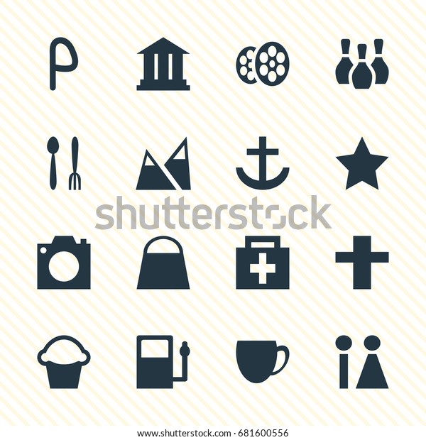 Vector Illustration Of 16 Location\
Icons. Editable Pack Of Landscape, Cafe , Car Park\
Elements.
