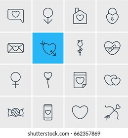 Vector Illustration Of 16 Love Icons. Editable Pack Of Invitation, Smartphone, Present And Other Elements.