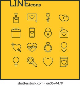 Vector Illustration Of 16 Love Icons. Editable Pack Of Hearts, Present, Rose And Other Elements.
