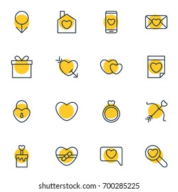 Vector Illustration Of 16 Love Icons. Editable Pack Of Gift, Engagement, Valentine And Other Elements.