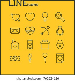 Vector Illustration Of 16 Love Outline Icons. Editable Set Of Soul, Cupid, Invitation And Other Elements.