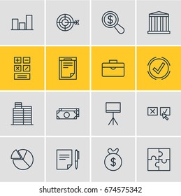 Vector Illustration Of 16 Management Icons. Editable Pack Of File, Calculate, Riddle And Other Elements.