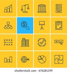 Vector Illustration Of 16 Management Icons. Editable Pack Of Balance, Riddle, Goal And Other Elements.