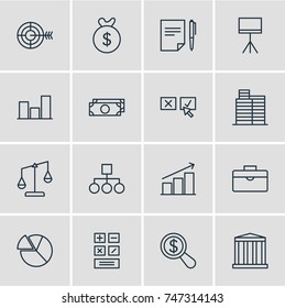 Vector Illustration Of 16 Management Icons. Editable Pack Of Board Stand, Goal , Columns Elements.
