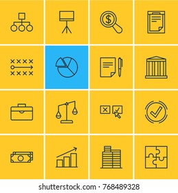 Vector Illustration Of 16 Management Outline Icons. Editable Set Of Magnifier, Recision, Agreement And Other Elements.