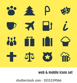 Vector illustration of 16 map icons. Editable set of jungle, map information, aircraft and other icon elements.