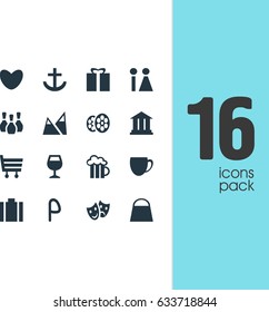Vector Illustration Of 16 Map Icons. Editable Pack Of Shopping Cart, Anchor, Masks And Other Elements.