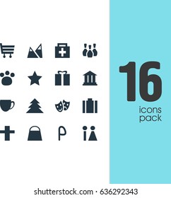 Vector Illustration Of 16 Map Icons. Editable Pack Of Coffee Shop, Present, Shopping Cart And Other Elements.