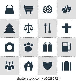Vector Illustration Of 16 Map Icons. Editable Pack Of Masks, Shopping Cart, Photo Device And Other Elements.