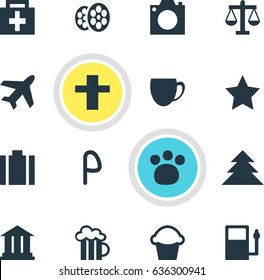 Vector Illustration Of 16 Map Icons. Editable Pack Of Film, Car Park, Cake And Other Elements.