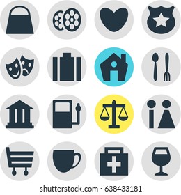Vector Illustration Of 16 Map Icons. Editable Pack Of Briefcase, Wineglass, Cafe And Other Elements.